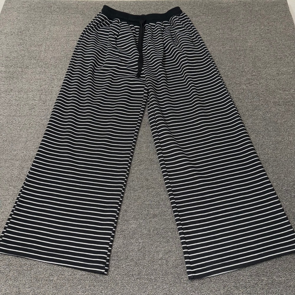 Revival Womens Black White Striped Wide Leg Knit Pants Large Athleisure Lounge